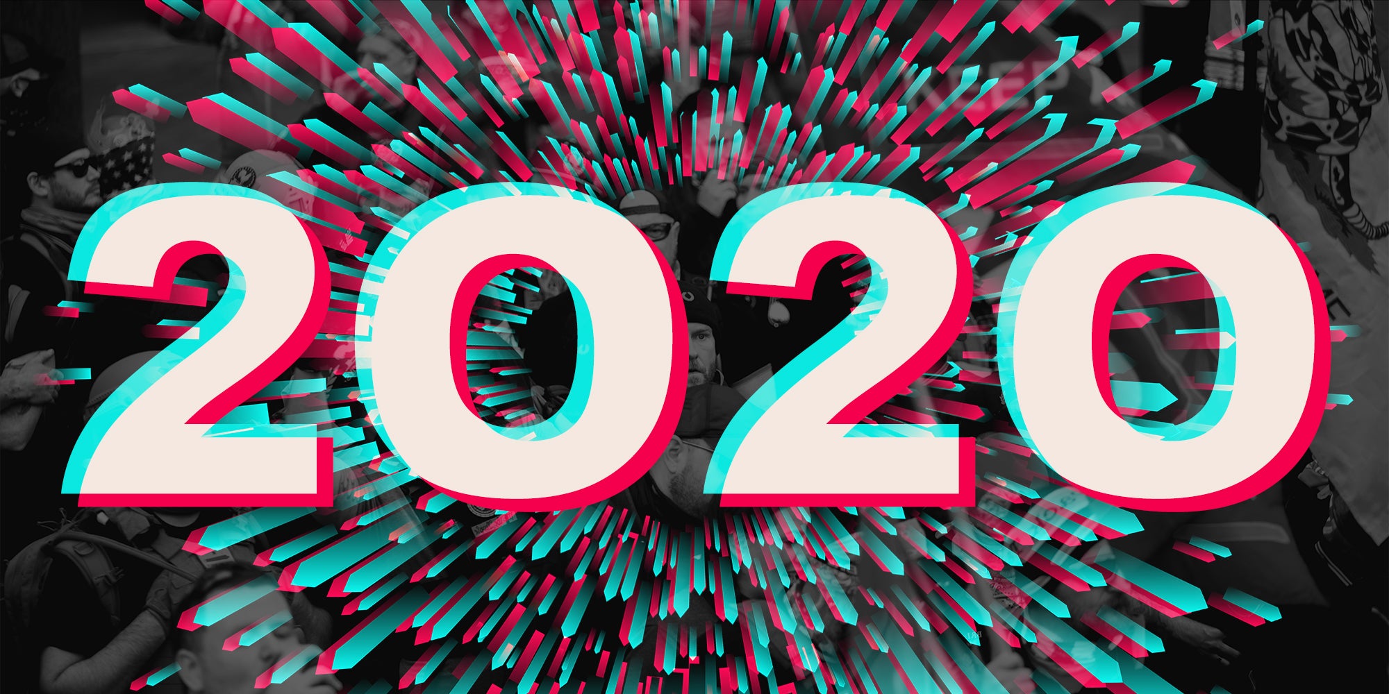 "2020" in TikTok logo style over abstract background mixed with Trump protest