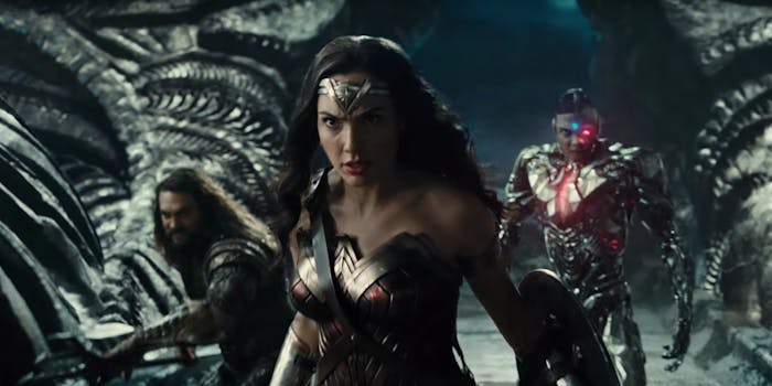 A still from the new 'Justice League' film trailer featuring Wonder Woman, Aquaman, and Cyborg.