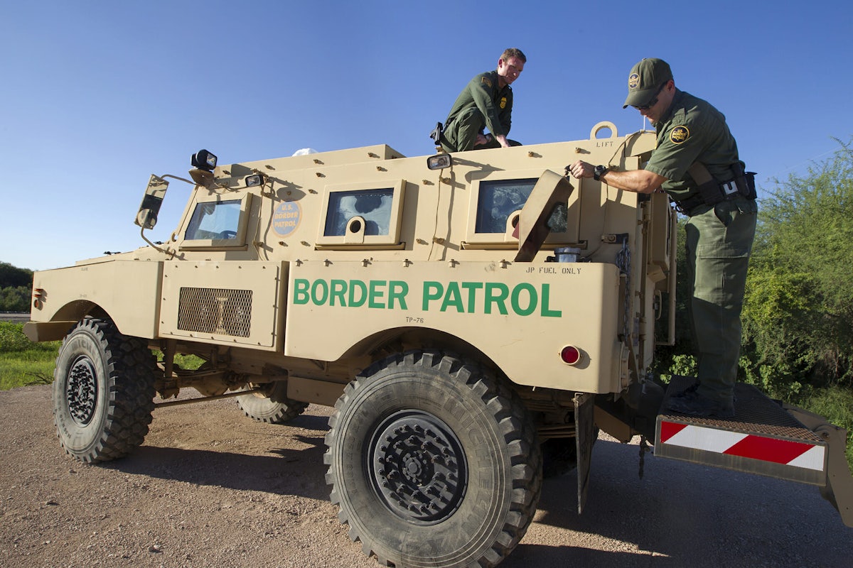 Border Patrol Agents conduct an operations check on a Mine Resistant Ambush Protected (MRAP) vehicle on the South Texas border