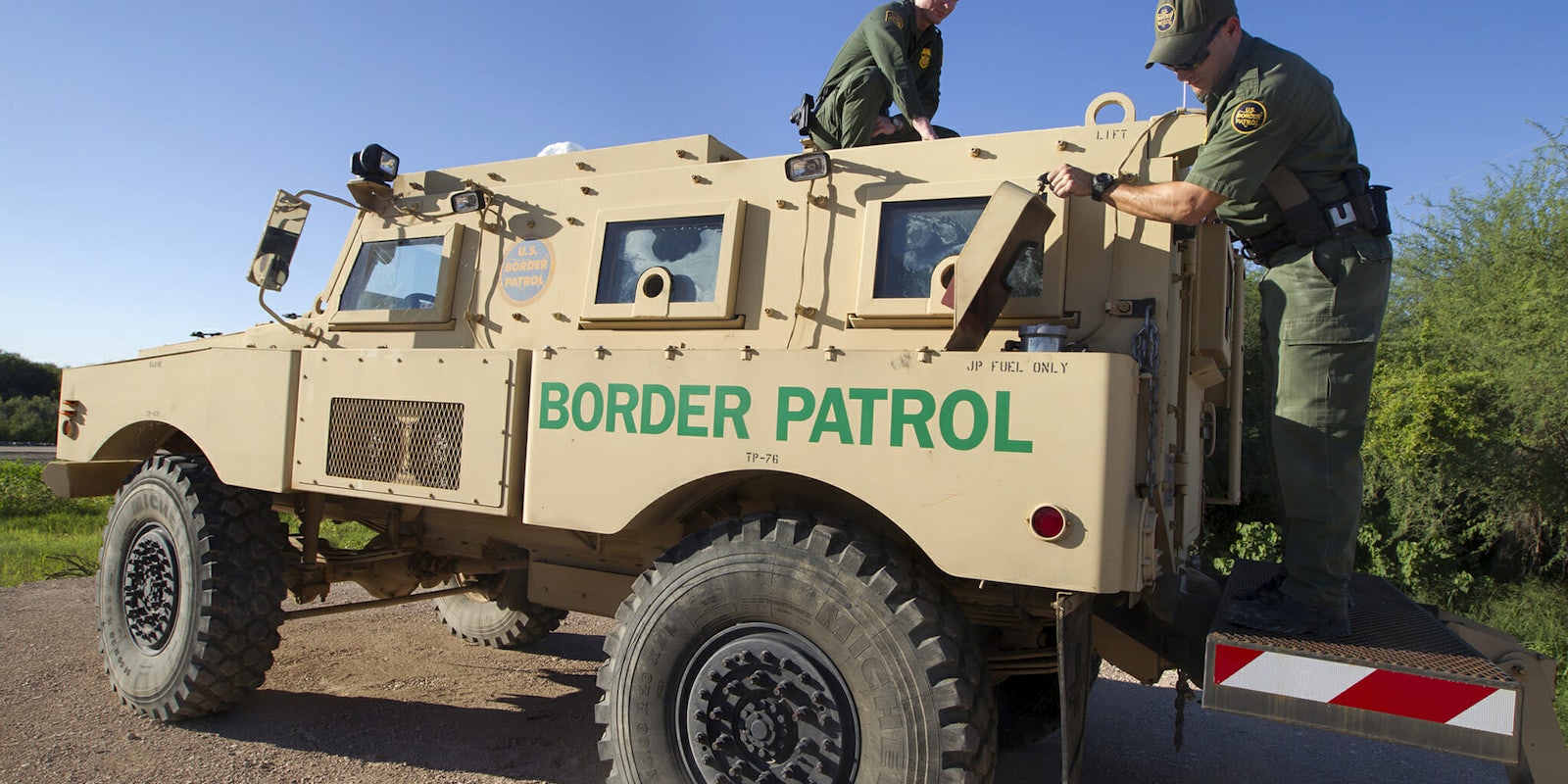 Border Patrol Agents conduct an operations check on a Mine Resistant Ambush Protected (MRAP) vehicle on the South Texas border