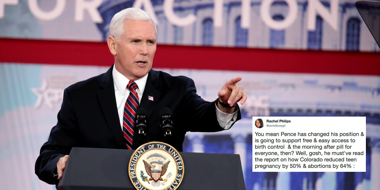 Mike Pence at 2018 Conservative Political Action Conference (CPAC) in National Harbor, Maryland, next to a tweet lambasting his abortion comments.