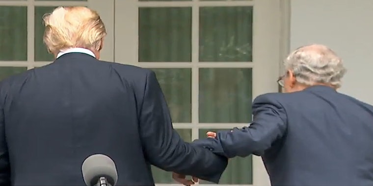 Donald Trump and Mitch McConnell holding hands