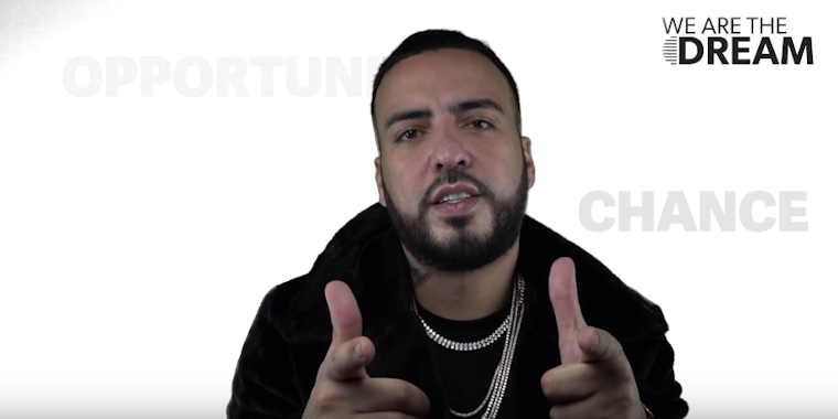 French Montana points at the camera with the words 'opportunity' and 'chance' behind him