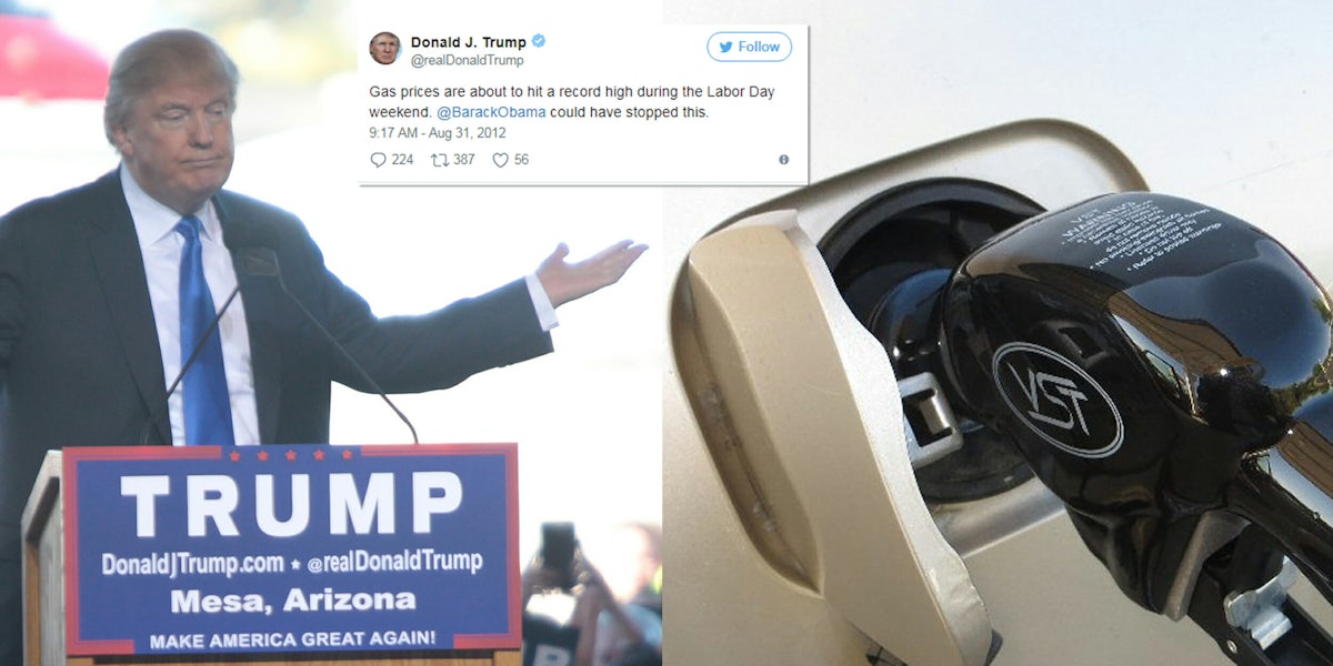 Donald Trump and a car filling up with gas