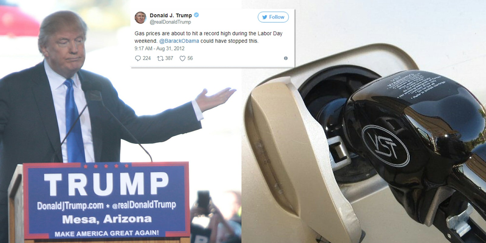 Donald Trump and a car filling up with gas