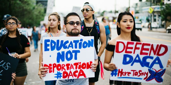 Protesters call for support for DACA in the Los Angeles March for Immigrant Rights.