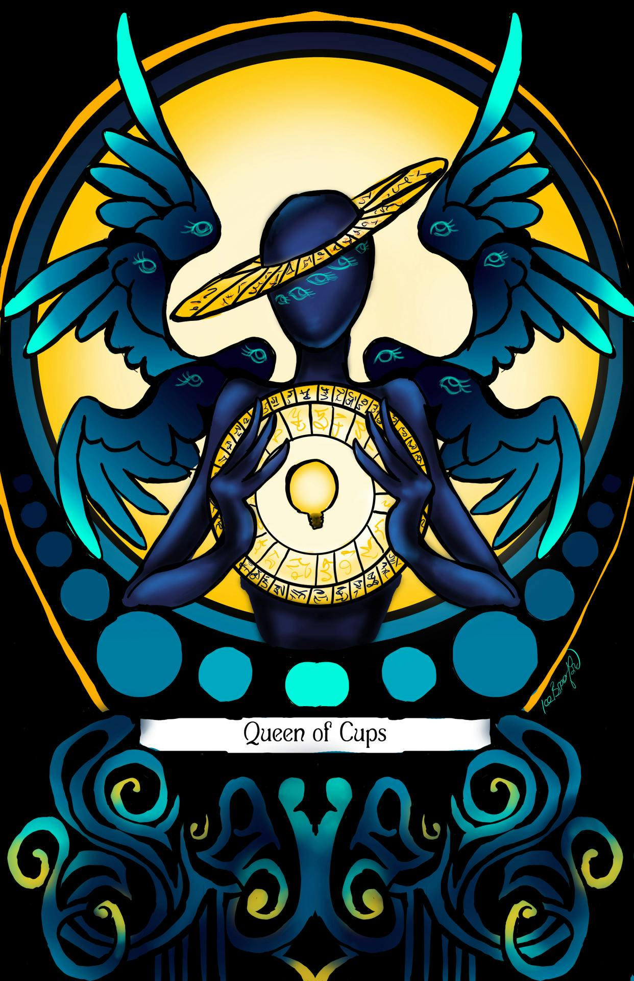 Tarot card for Welcome to Night Vale featuring the character Erika as the Queen of Cups
