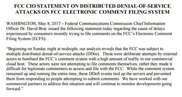 Statement from the FCC regarding Sunday's DDoS attack.
