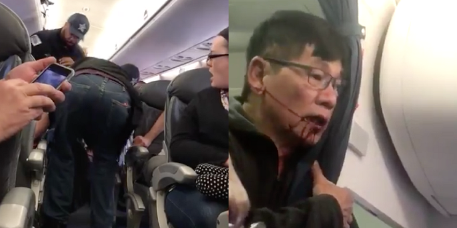 Video stills of the United Airlines passenger who was dragged off an airplane.