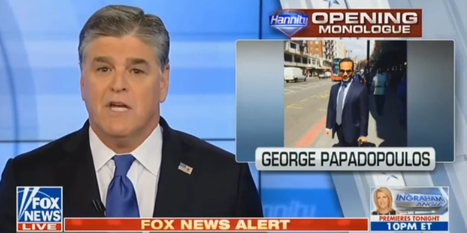 Sean Hannity went into a full throated defense of Donald Trump amid the charges brought up against former campaign members as part of the Russia probe.
