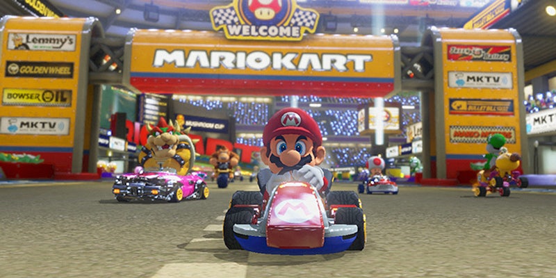 Mario, Bowser, Toad, and Donkey Kong racing in Mariokart 8