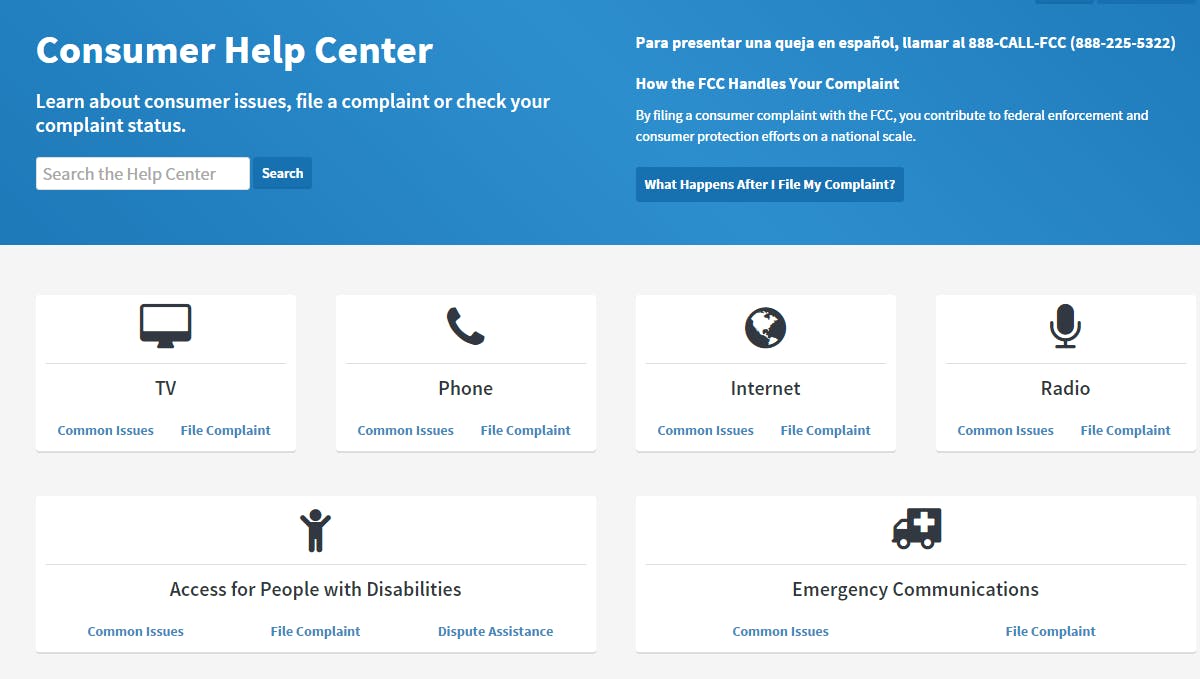A screenshot of the FCC's new Consumer Help Center