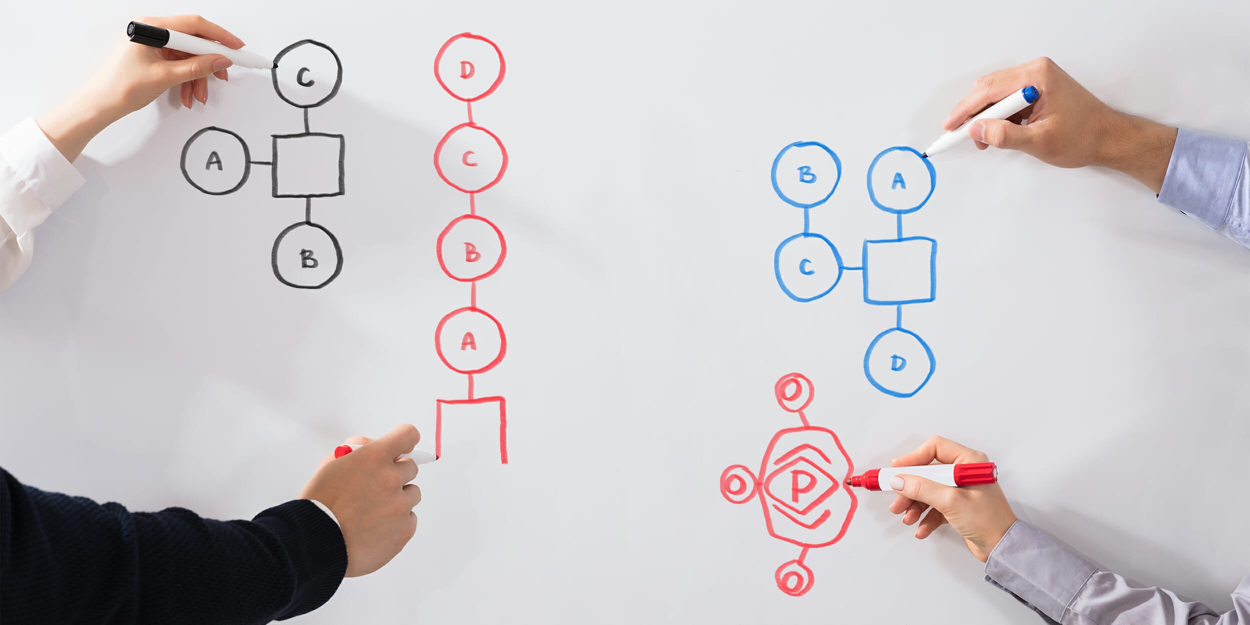 Four hands drawing pursuance diagrams on whiteboard
