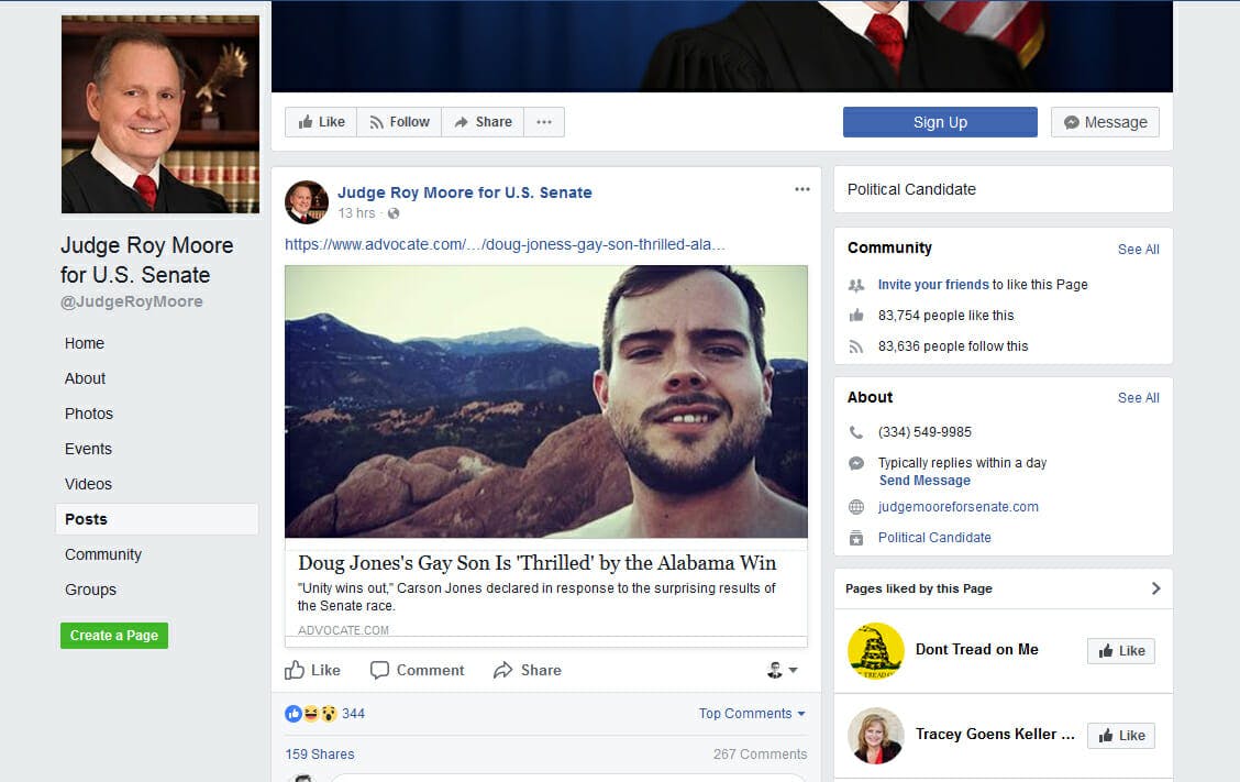 Roy Moore shared a link to The Advocate, an LGBTQ interest magazine, on Facebook. Given his stance on LGBTQ issues, it seems like an odd choice.