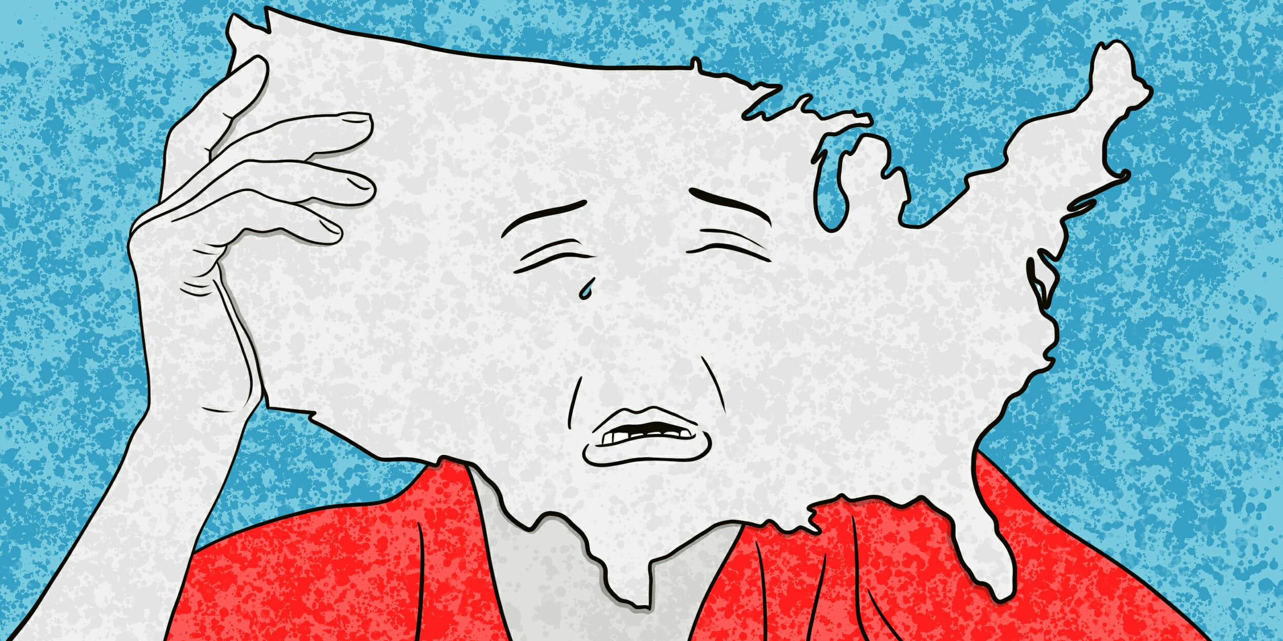 Shape of the United States as a head with a sad face