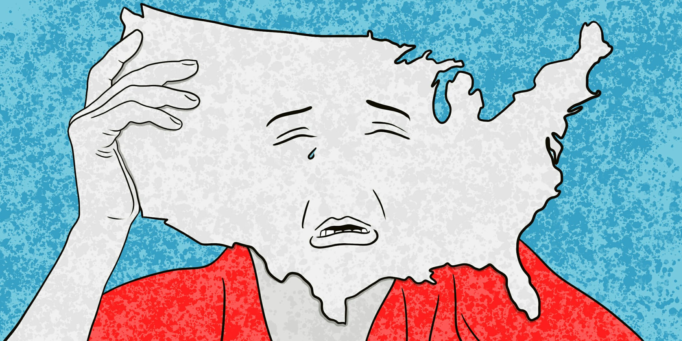 Shape of the United States as a head with a sad face