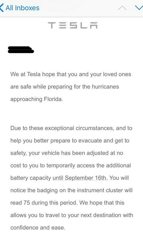 Tesla Hurricane Irma email