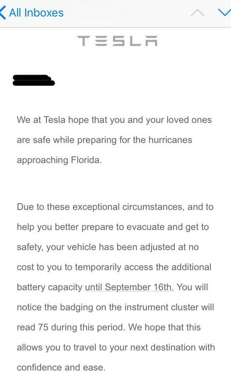 Tesla Hurricane Irma email