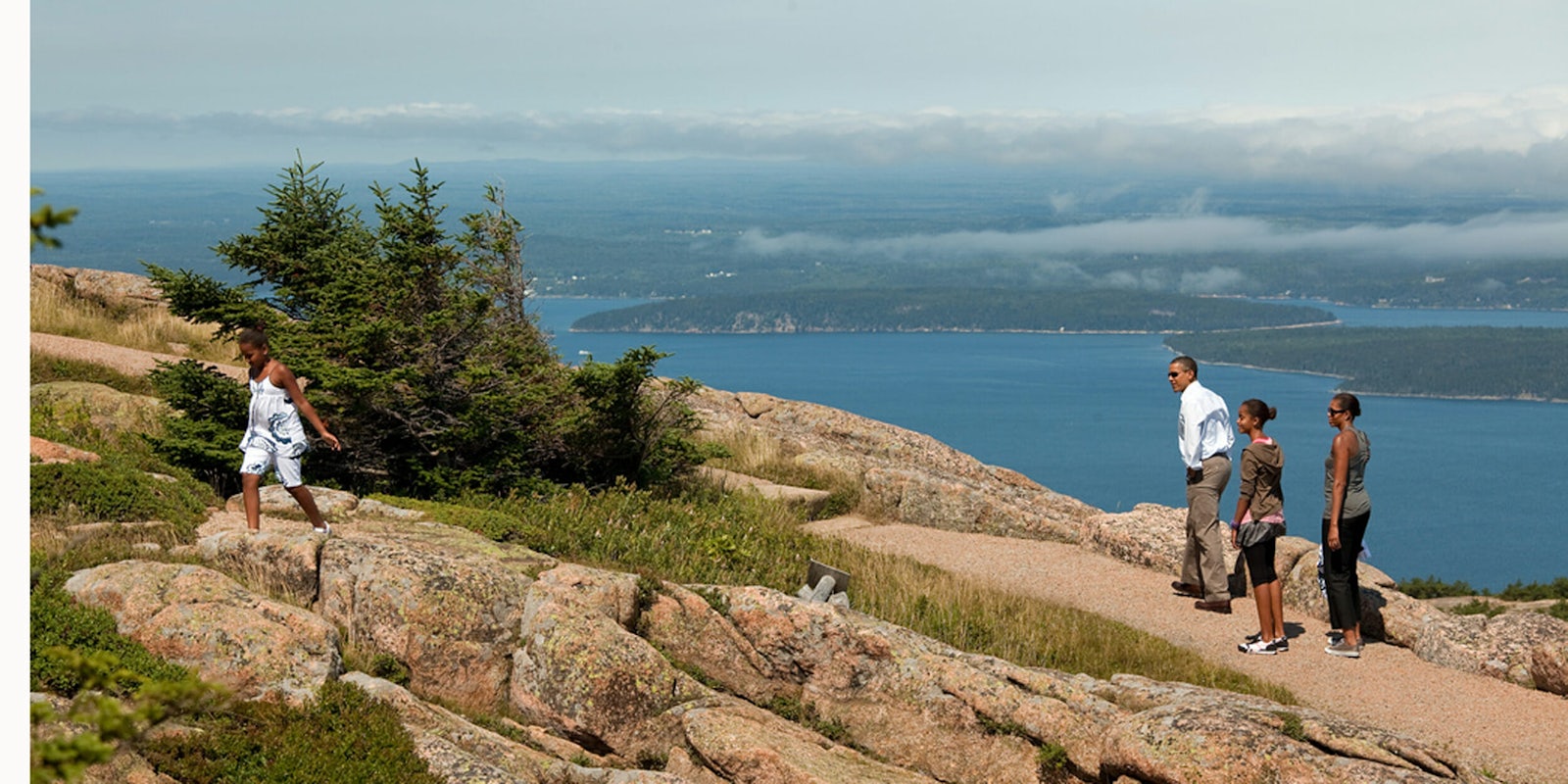 President Barack Obama and his family hike on Cadillac Mountain at Acadia National Park in Maine, July 16, 2010. Photo by Pete Souza.