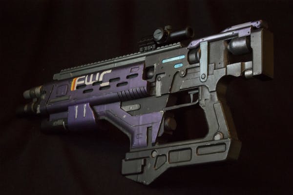 A prop replica of the fusion rifle named The Calming, from Destiny.