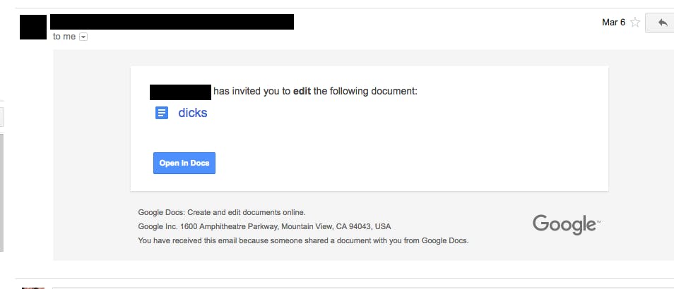 gmail phishing attempt: iamge of normal google docs