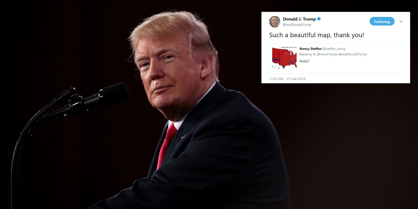President Donald Trump retweeted a supporter on Tuesday night who shared an incorrect map showing county-by-county results for the 2016 election. 
