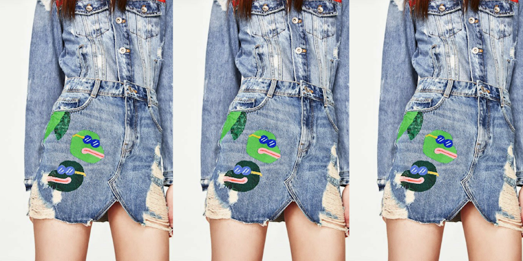 An image of Zara's skirt design that resembles Pepe the Frog.