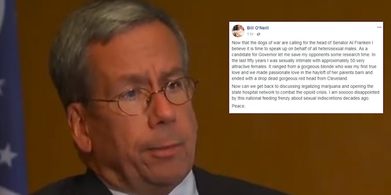 Ohio governor candidate Bill O'Neill defended Sen. Al Franken by bragging about how many women he has had sex with on Facebook. It didn't go over well.