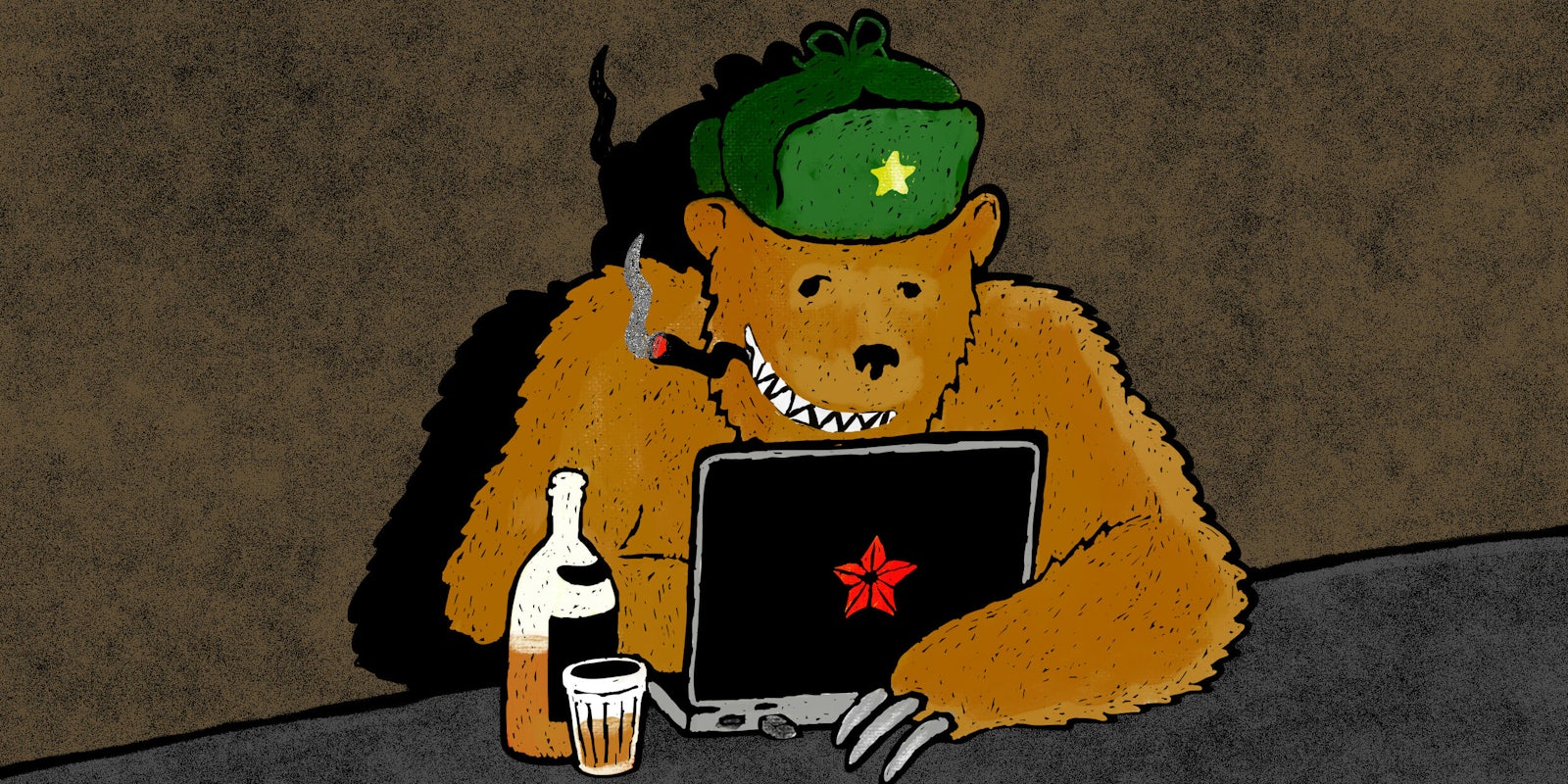 Bear on laptop wearing Russian ushanka hat, smoking cigar, and drinking