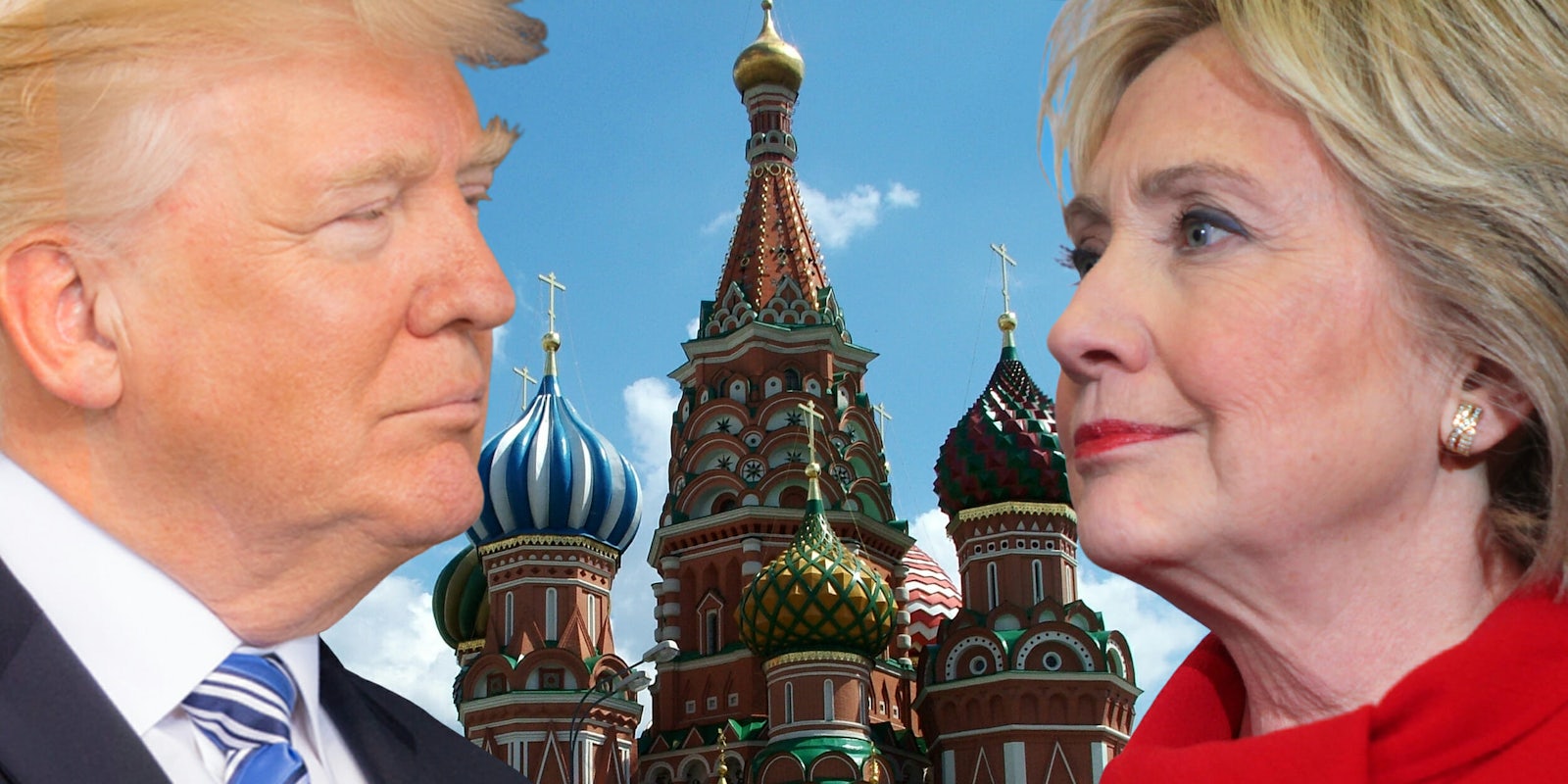 Donald Trump and Hillary Clinton in front of Kremlin buildings
