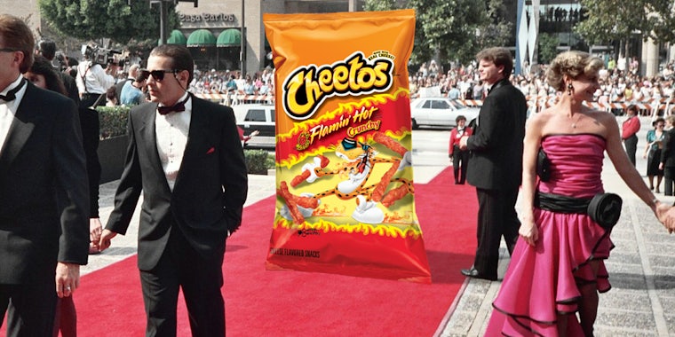 Bag of Flamin' Hot Cheetos on a red carpet