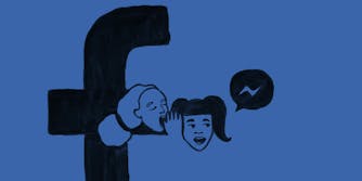 A child whispering a secret to another child next to both Facebook and Facebook Messenger logos.
