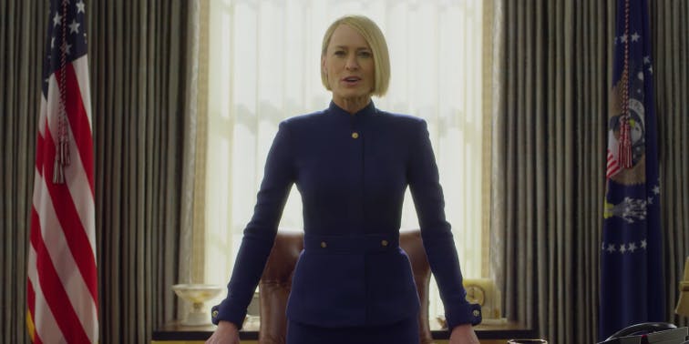 Netflix Releases Kevin Spacey-Free Trailer for 'House of Cards' - Robin Wright stands with her hands on her desk in House of Cards trailer
