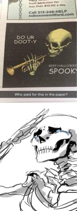 doot skeleton spooky meme in newspaper