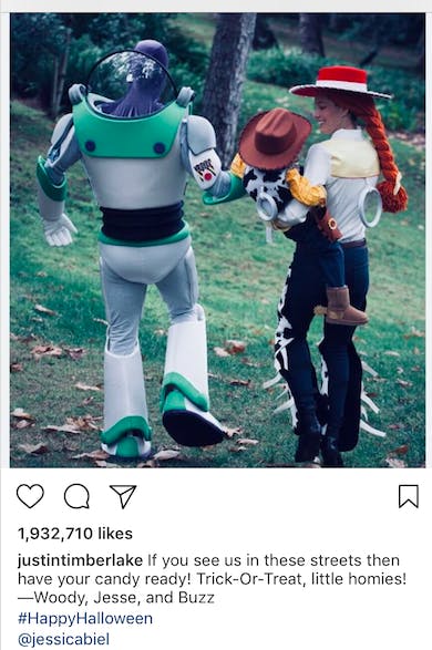 JT, Biel, and son Silas dressed as characters from Toy Story for Halloween.
