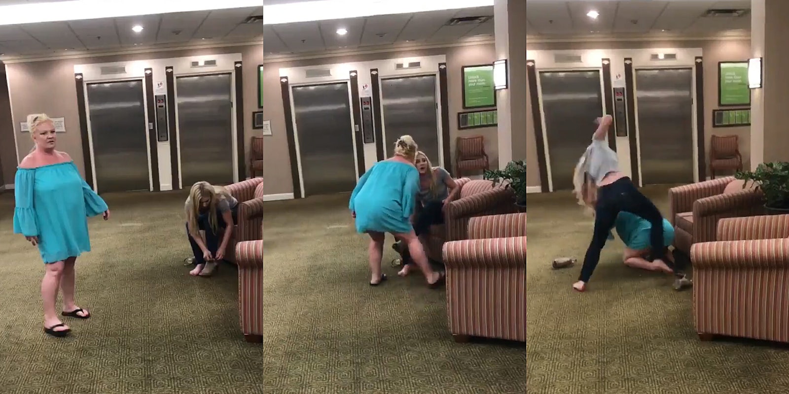 Woman in blue dress starts fight in lobby