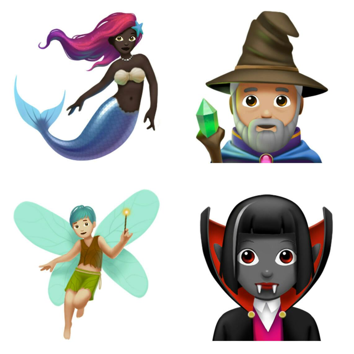 Mystical emoji including mermaid, wizard, fairy, vampire