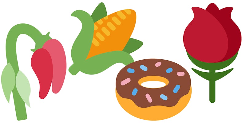 Wilted flower, corncob, rose, and donut emoji