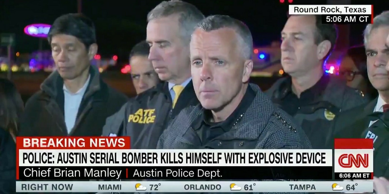 Austin Police Chief Brian Manley tells media that the Austin Bomber has died.