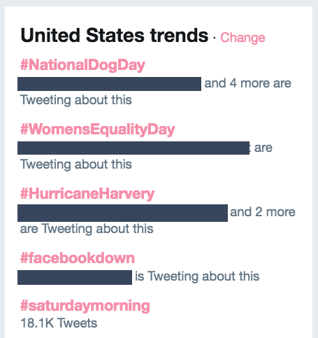 U.S. Twitter trends featuring Hurricane 'Harvery' instead of Harvey.