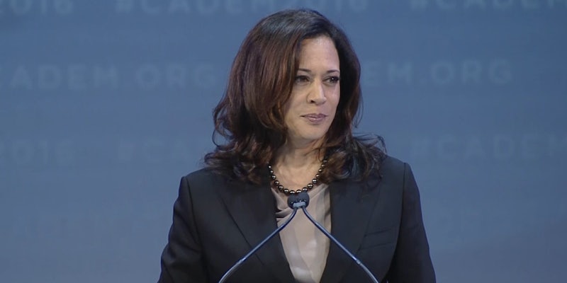Kamala Harris speaking at a podium.