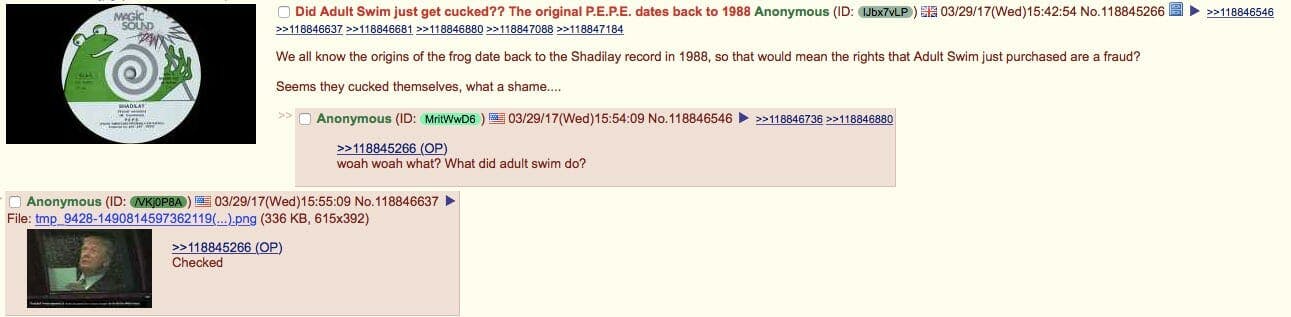 4chan comment thread about adult swim and pepe