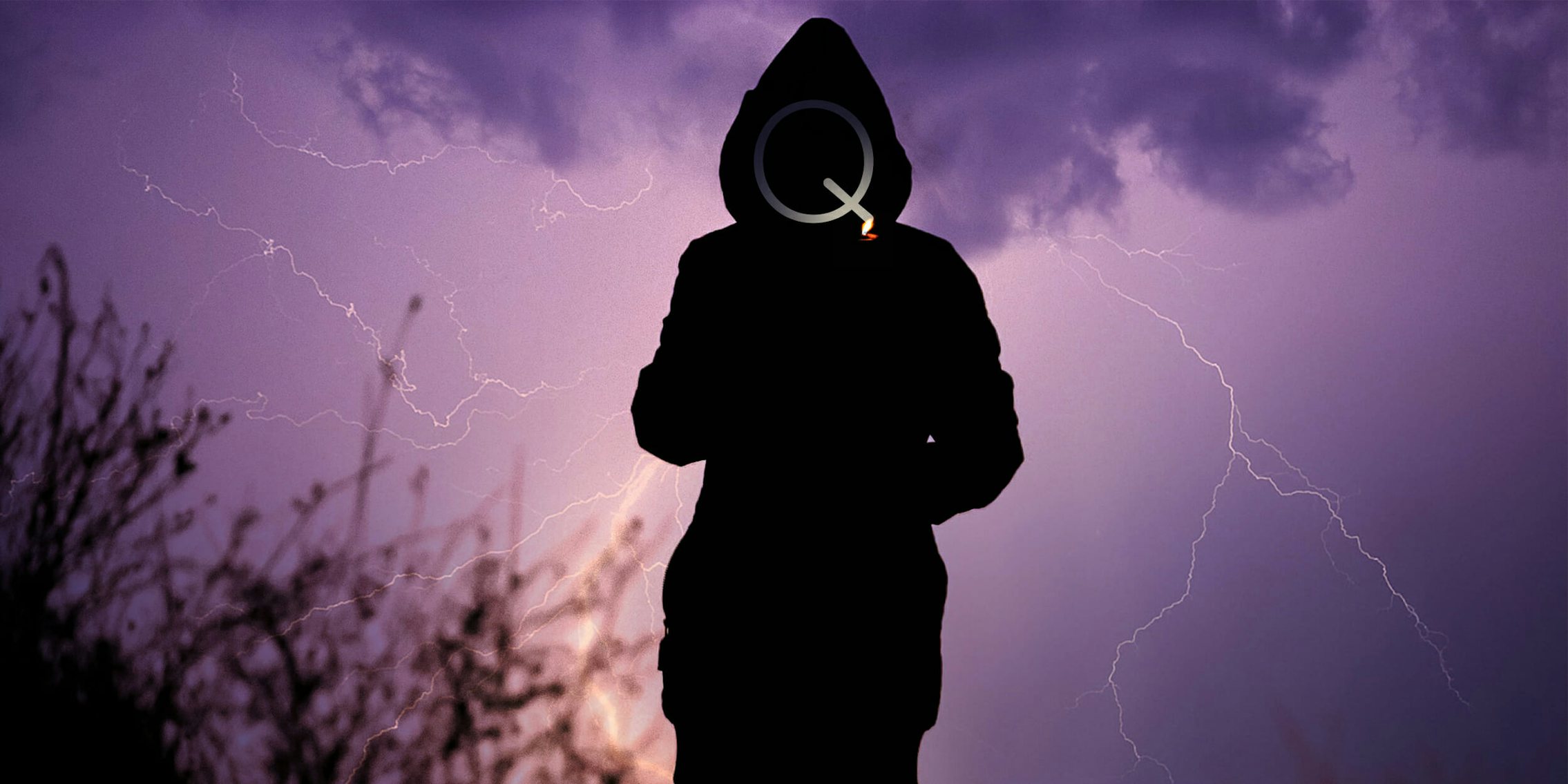 Silhouette of person lighting cigarette in front of lightning storm, face made of the letter Q
