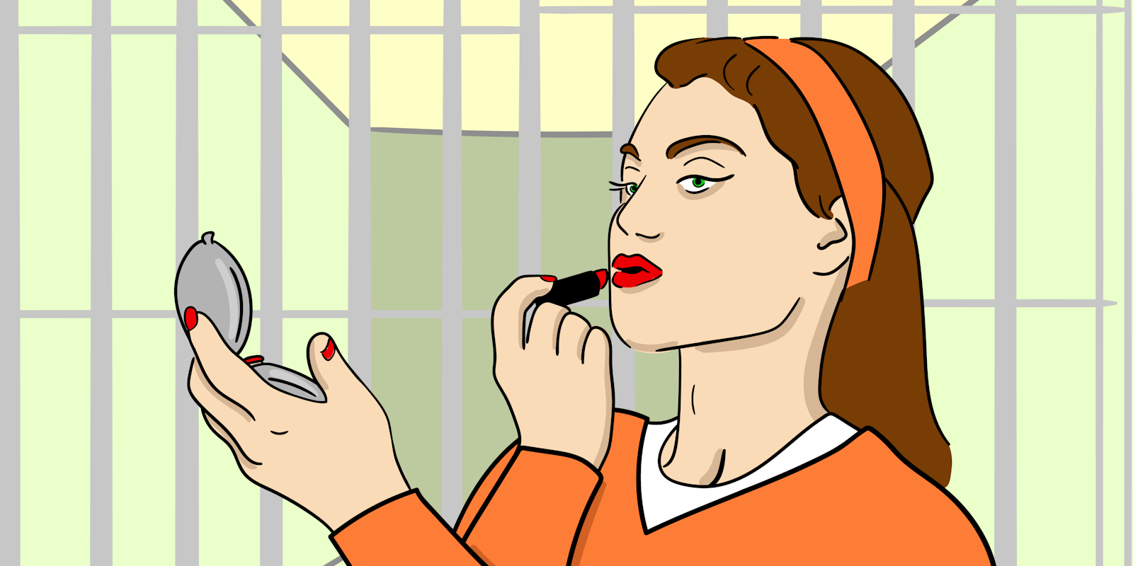 Woman applying lipstick in prison