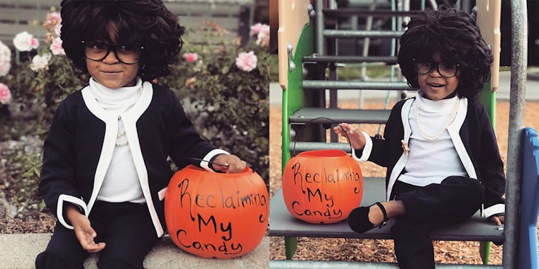 Young girl dressed as Maxine Waters for Halloween, with 'Reclaiming my candy' written on her pumpkin bucket