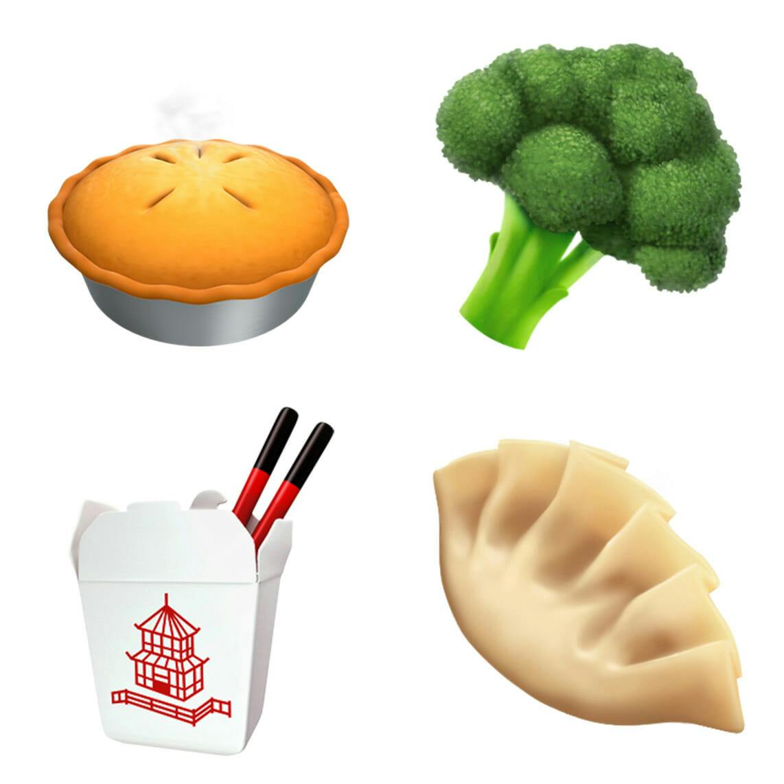 Food emoji, pie, broccoli, takeout box, dumpling