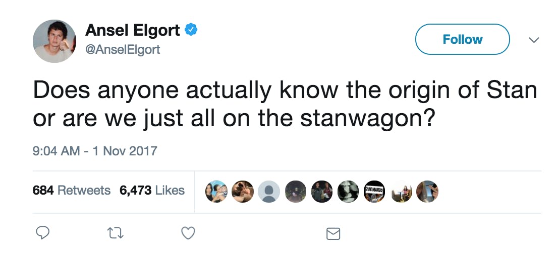 Ansel Elgort tweets about the word Stan.