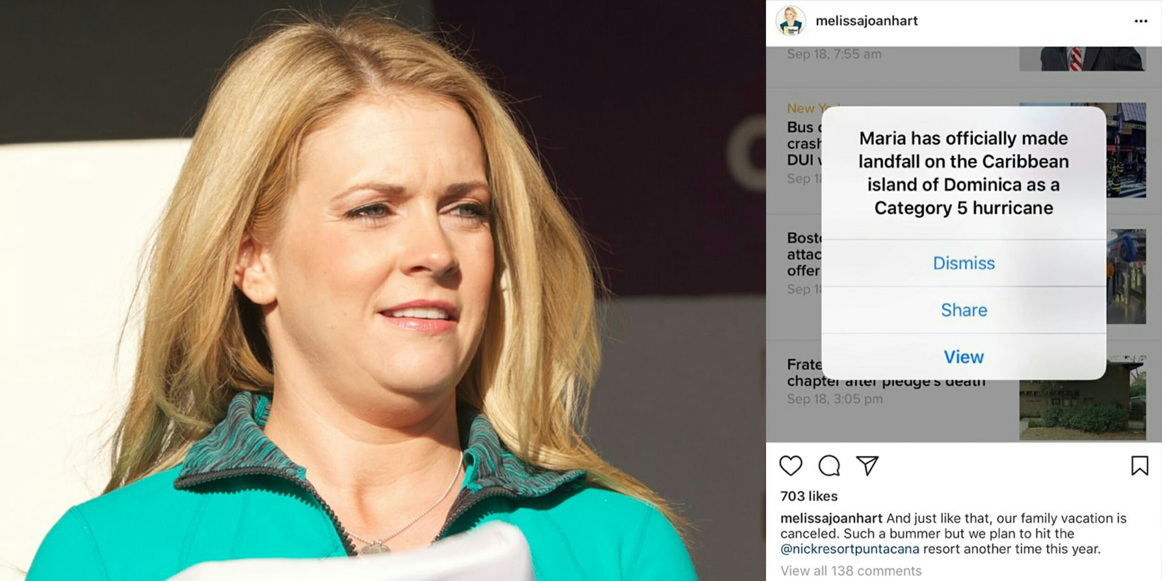 Melissa Joan Hart Instagram post about missing her vacation due to Hurricane Maria