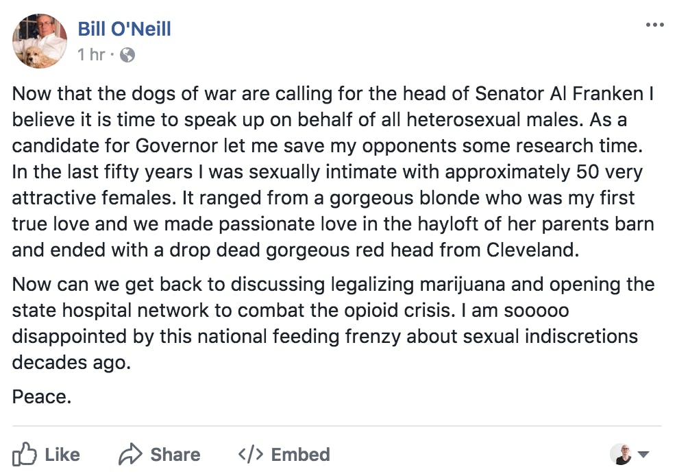 Ohio governor candidate Bill O'Neill defended Sen. Al Franken by bragging about how many women he has had sex with on Facebook. It didn't go over well. 