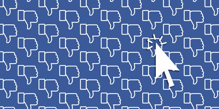 Vector illustration of a cursor icon over a pattern of Facebook thumbs down icons.